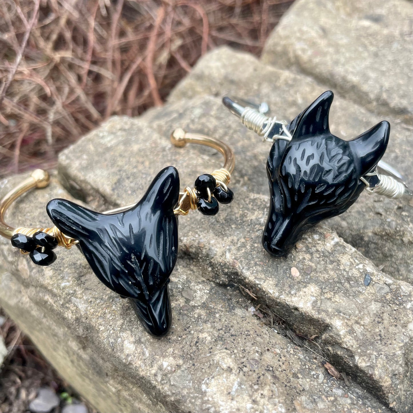 Black Obsidian Wolf Cuff Bangles