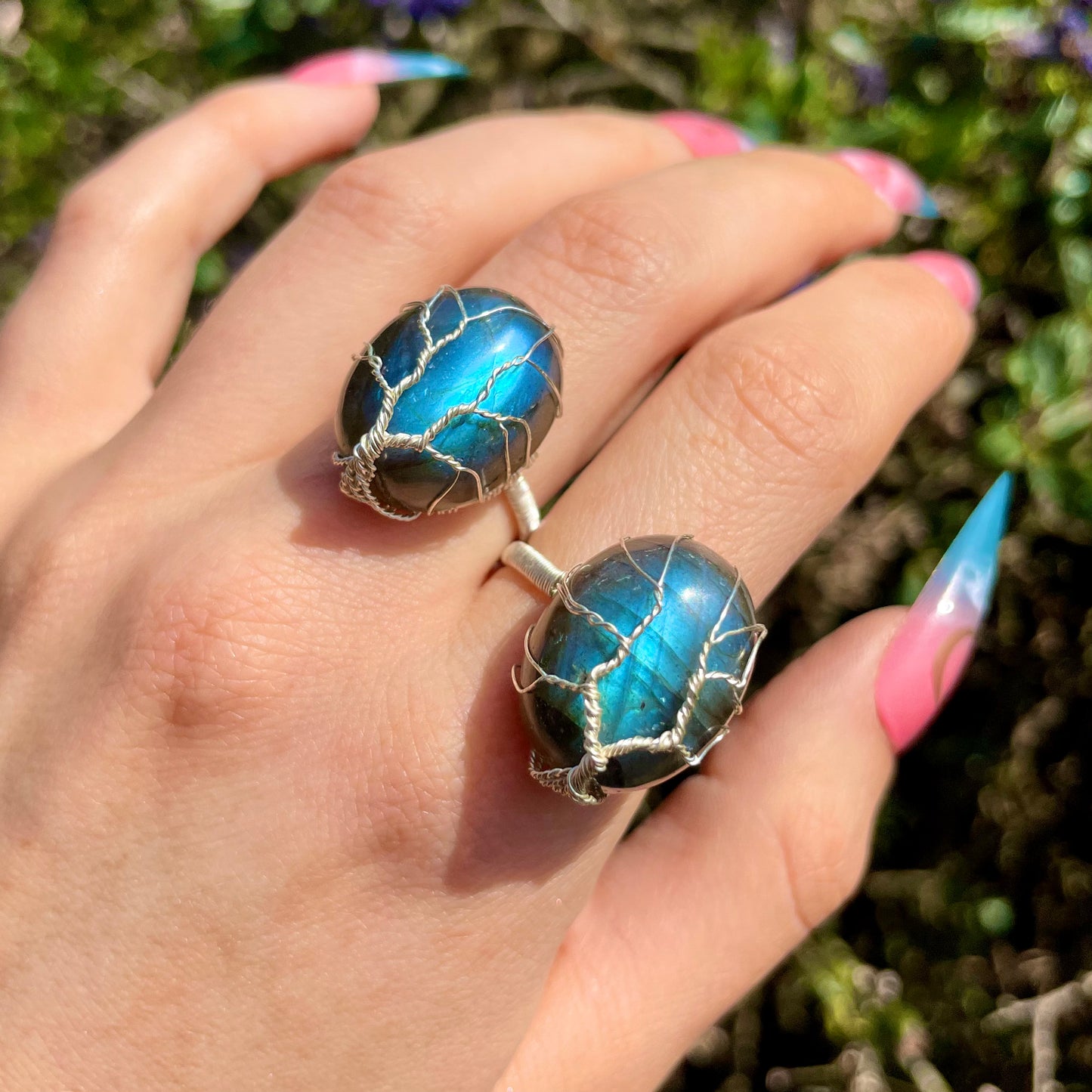Labradorite Wire Wrapped High Flash Adjustable Rings