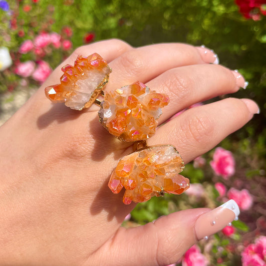 Tangerine Aura Quartz Cluster Ring 🍊💫💍✨