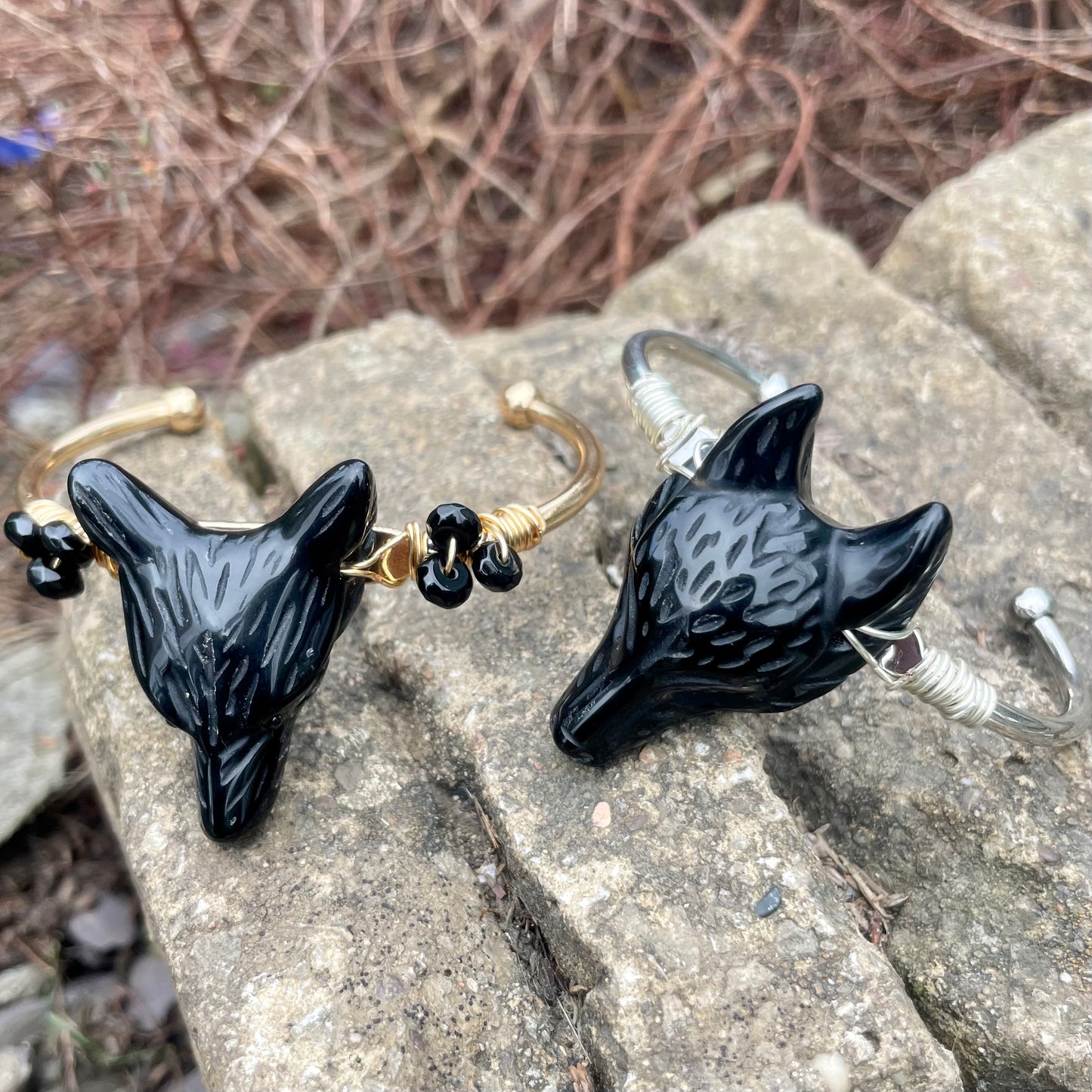 Black Obsidian Wolf Cuff Bangles