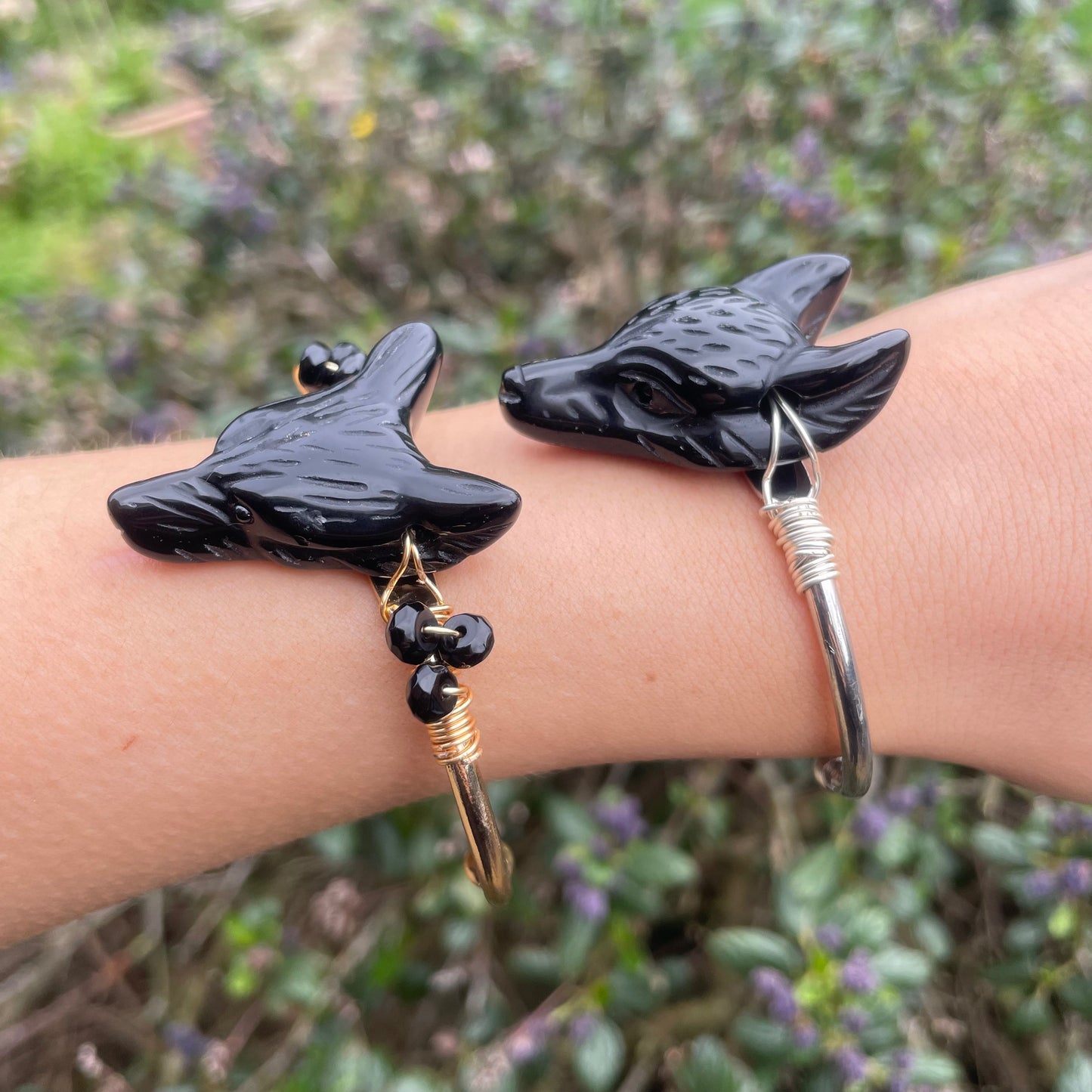 Black Obsidian Wolf Cuff Bangles