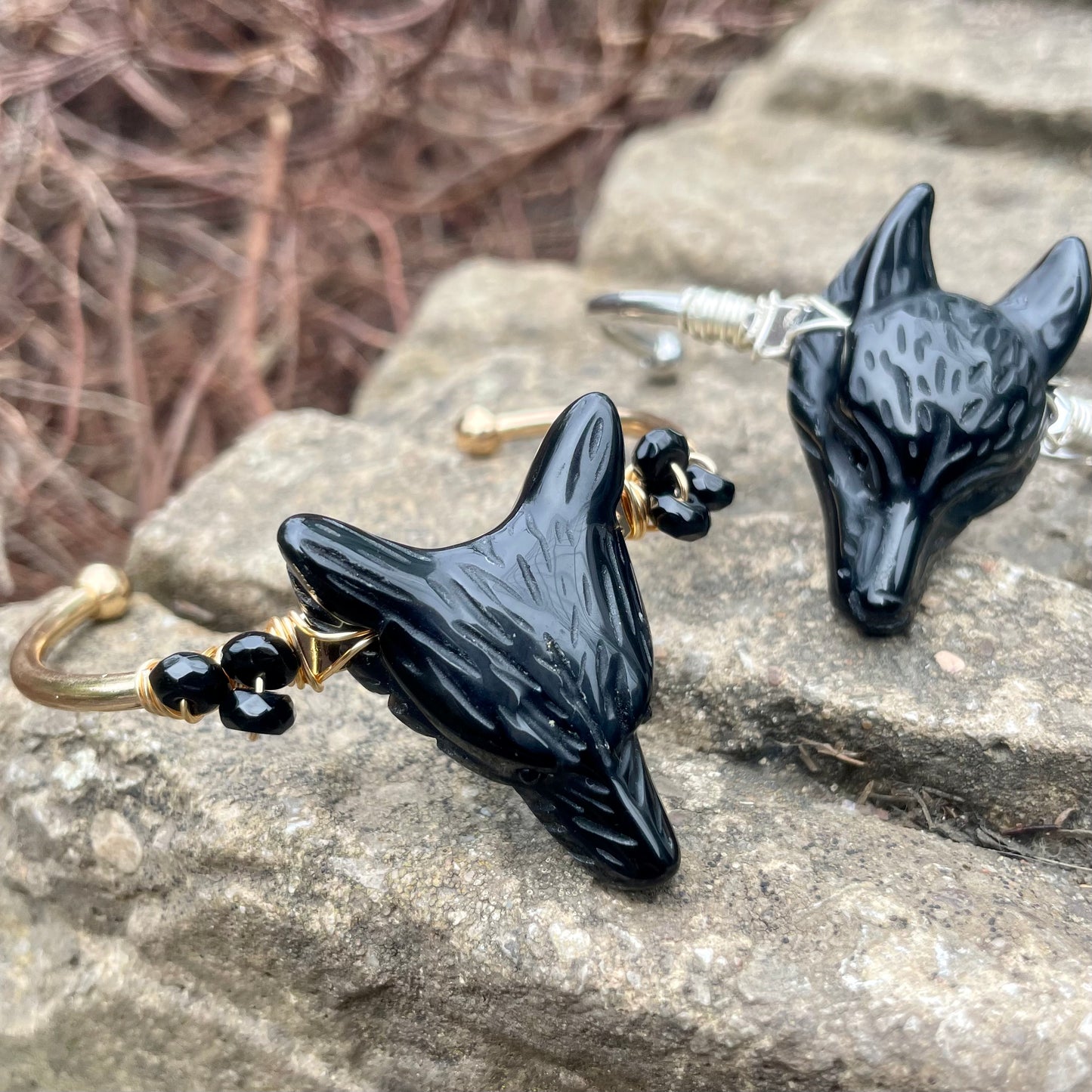 Black Obsidian Wolf Cuff Bangles