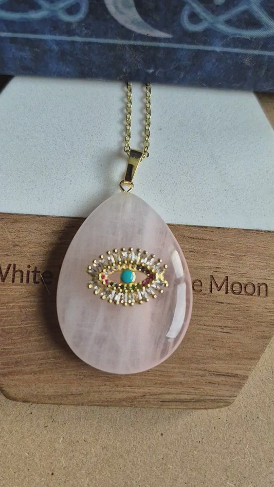 Rose Quartz Evil Eye Teardrop Pendant Necklace