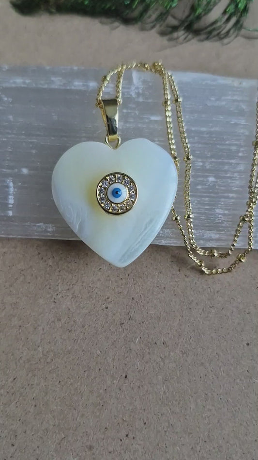Mother of Pearl Heart Pendant: Evil Eye Protection Necklace