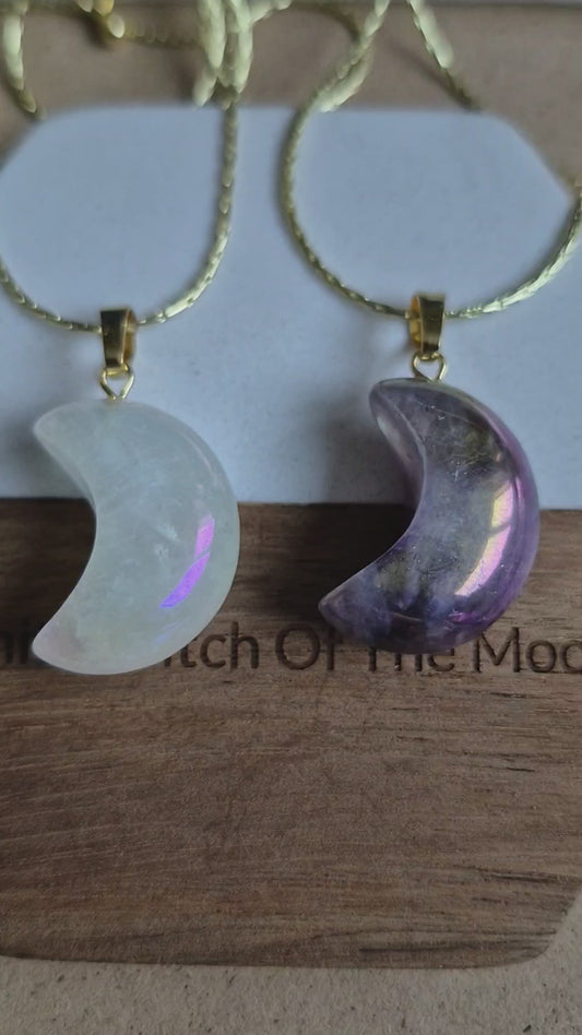 Aura Quartz moon pendant: Celstial Crystal Necklace