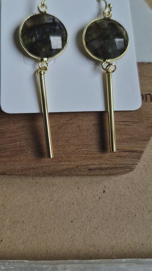 Labradorite Bar Earrings: Dainty Gold Plated Dangle Jewellery