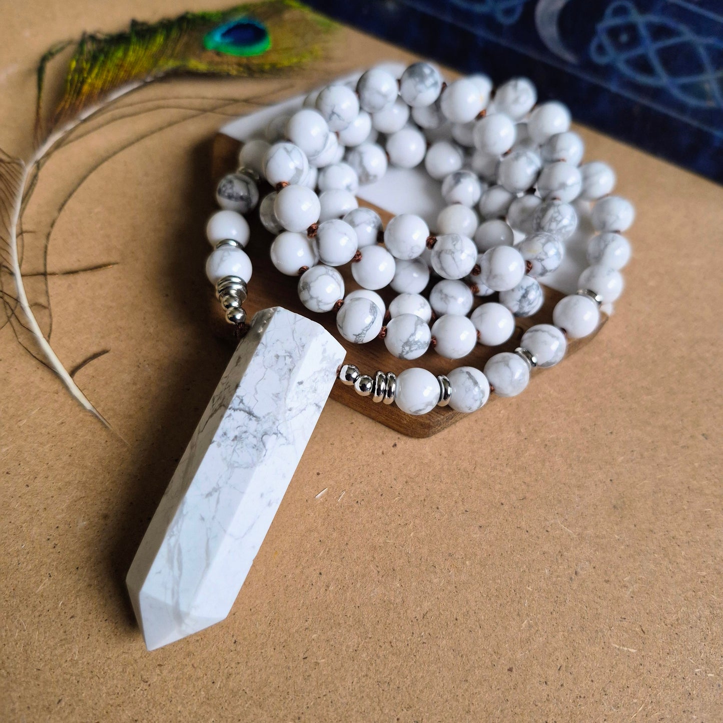 Howlite Knotted Long Necklace with Large Point 32"