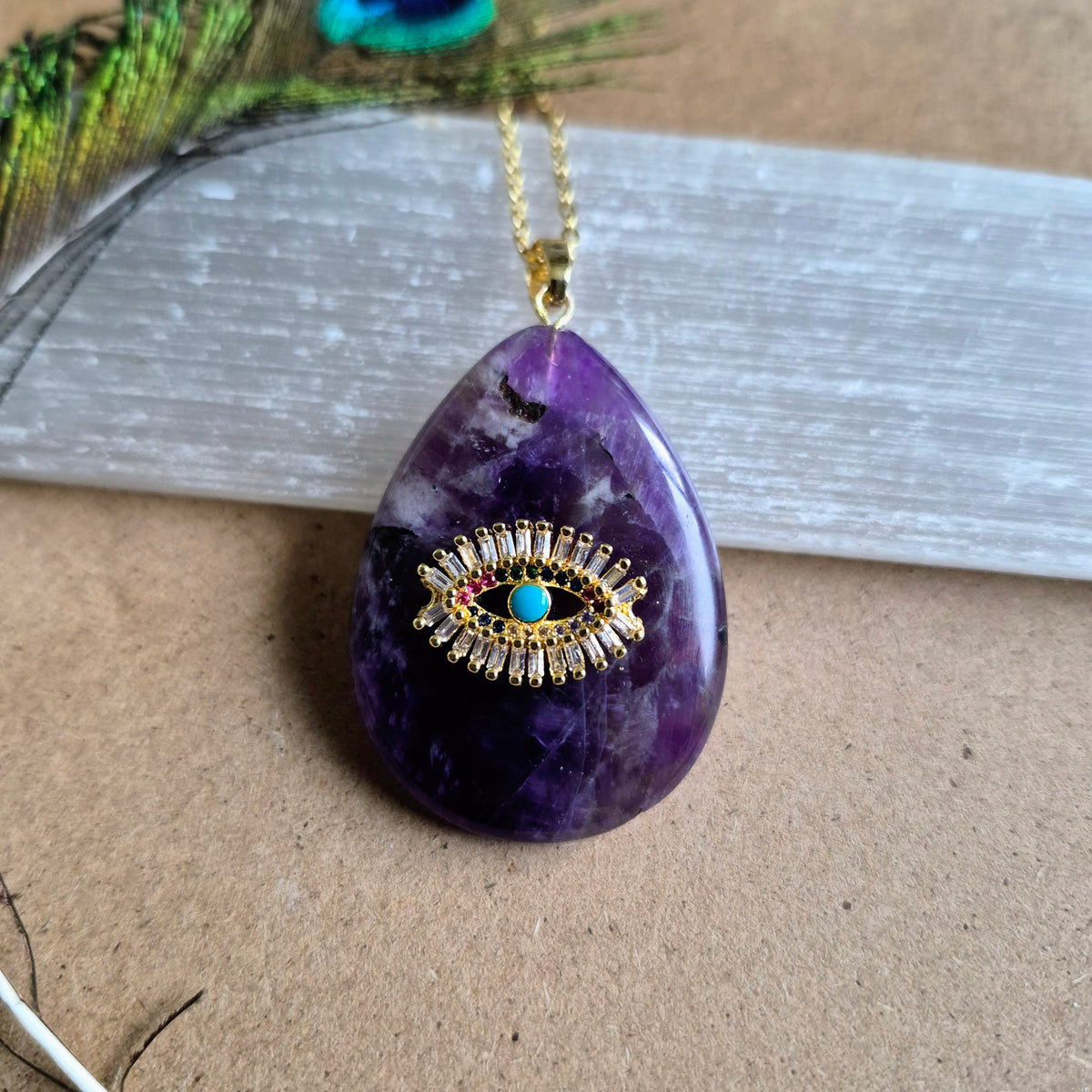 Amethyst Teardrop Evil Eye Pendaht Necklace