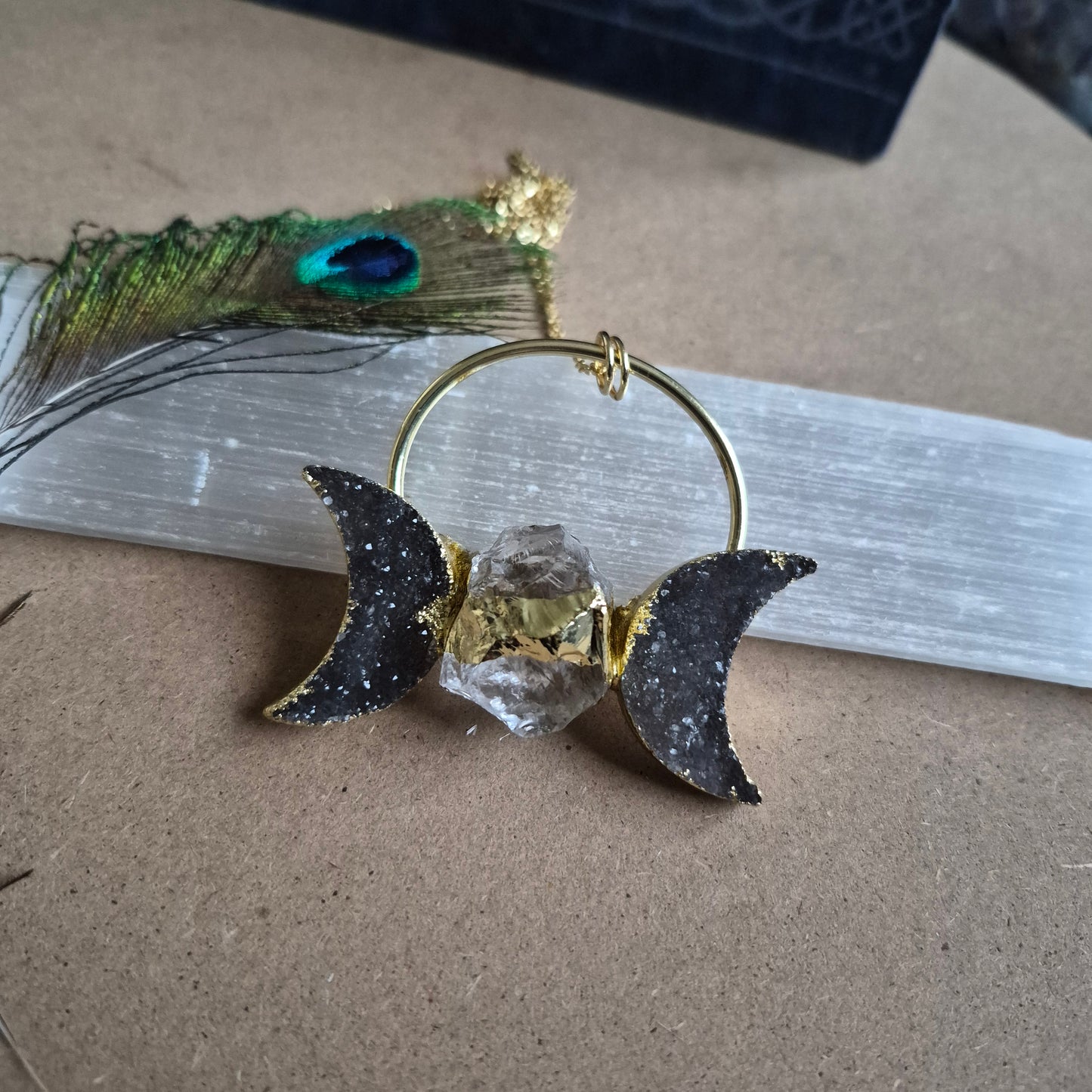 Druzy Agate Triple Moon Pendant: Celestial Statement Necklace