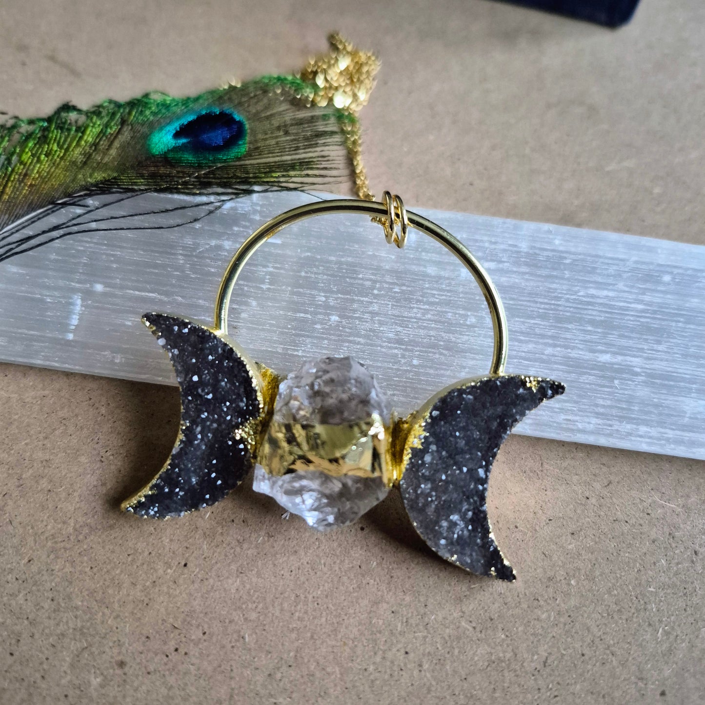 Druzy Agate Triple Moon Pendant: Celestial Statement Necklace