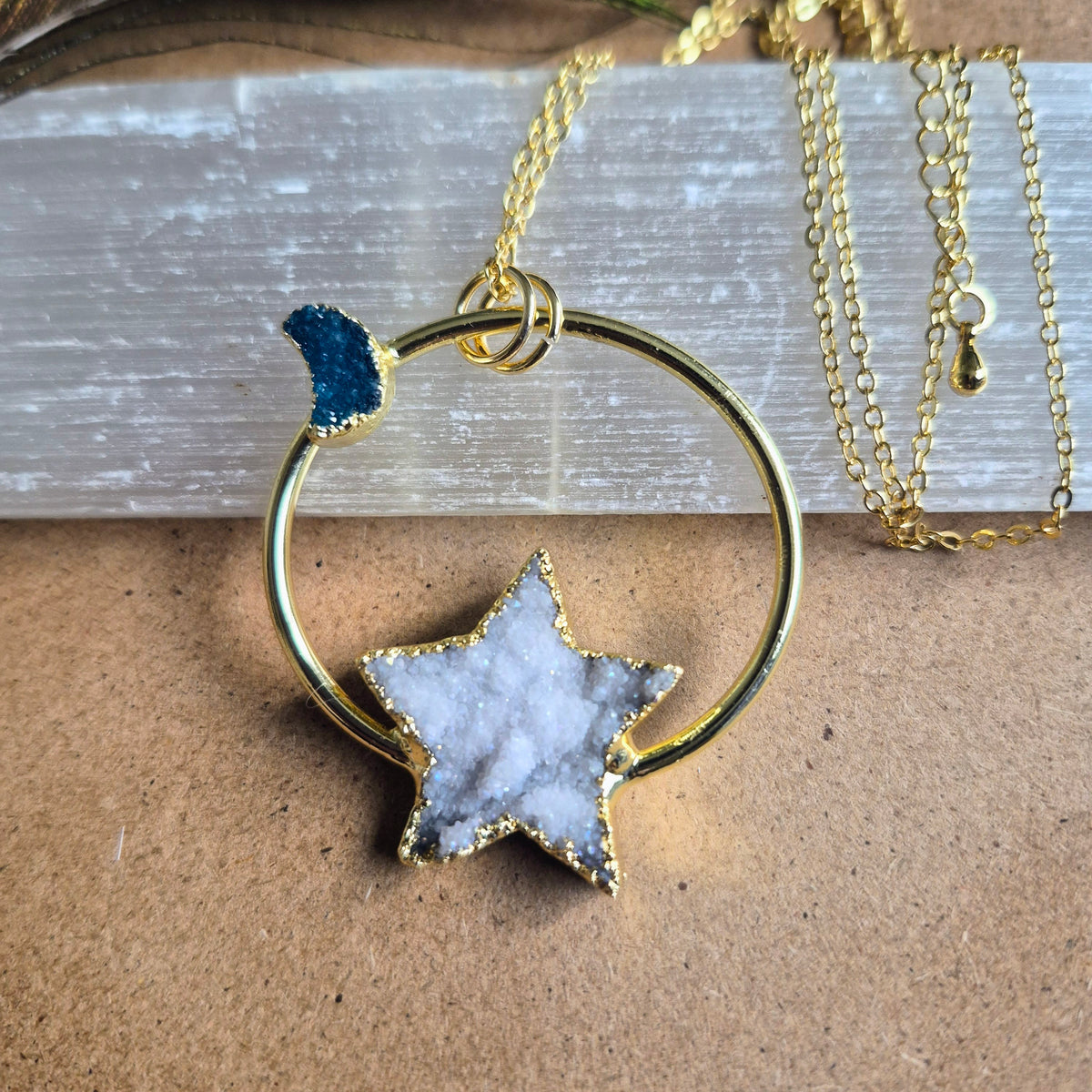 Celestial Druzy Star and Moon Statement Pendant Necklace