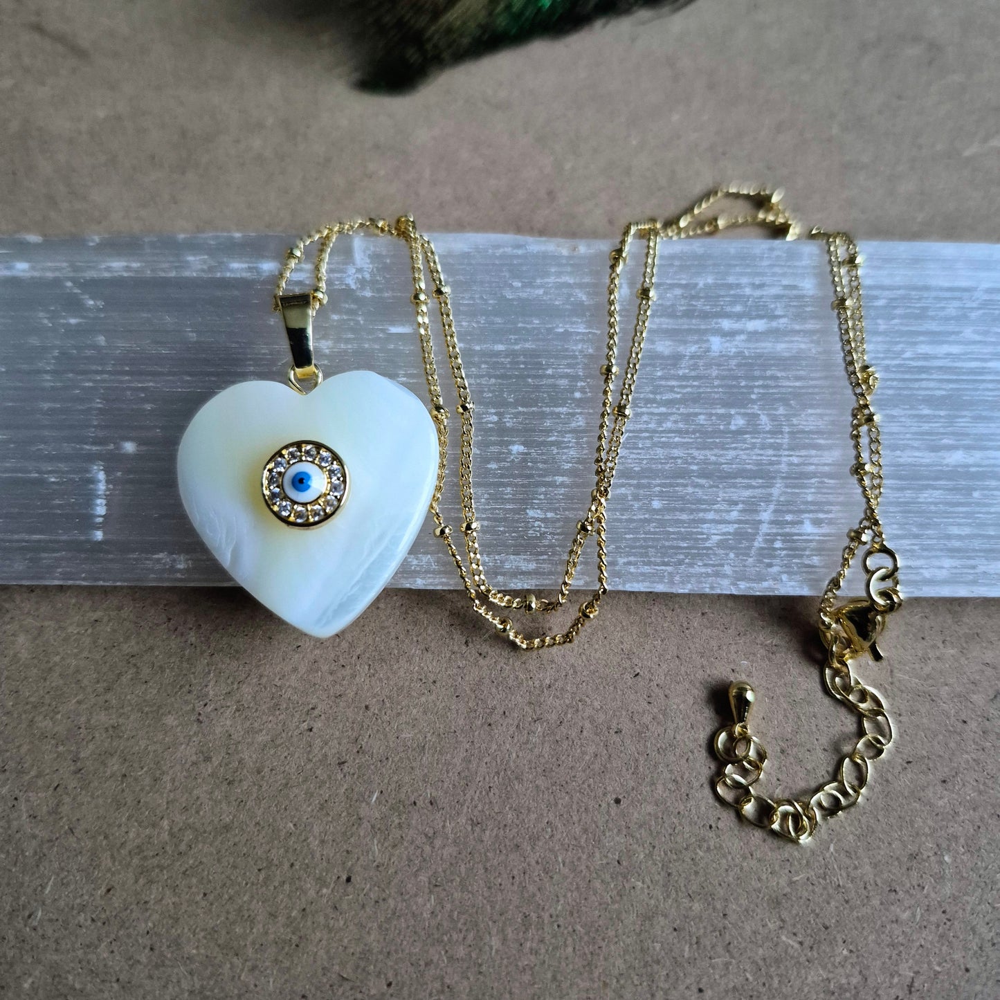 Mother of Pearl Heart Pendant: Evil Eye Protection Necklace