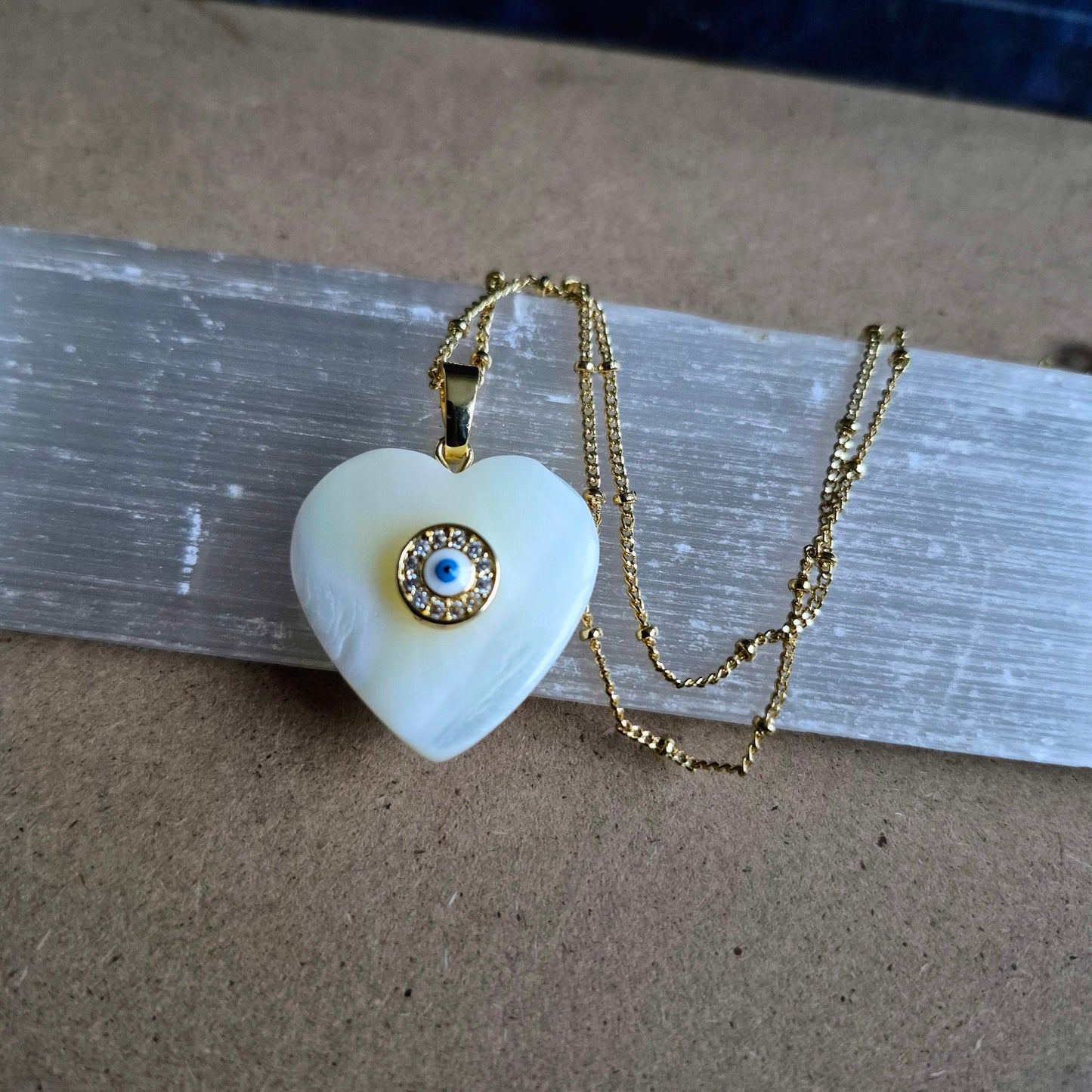 Mother of Pearl Heart Pendant: Evil Eye Protection Necklace