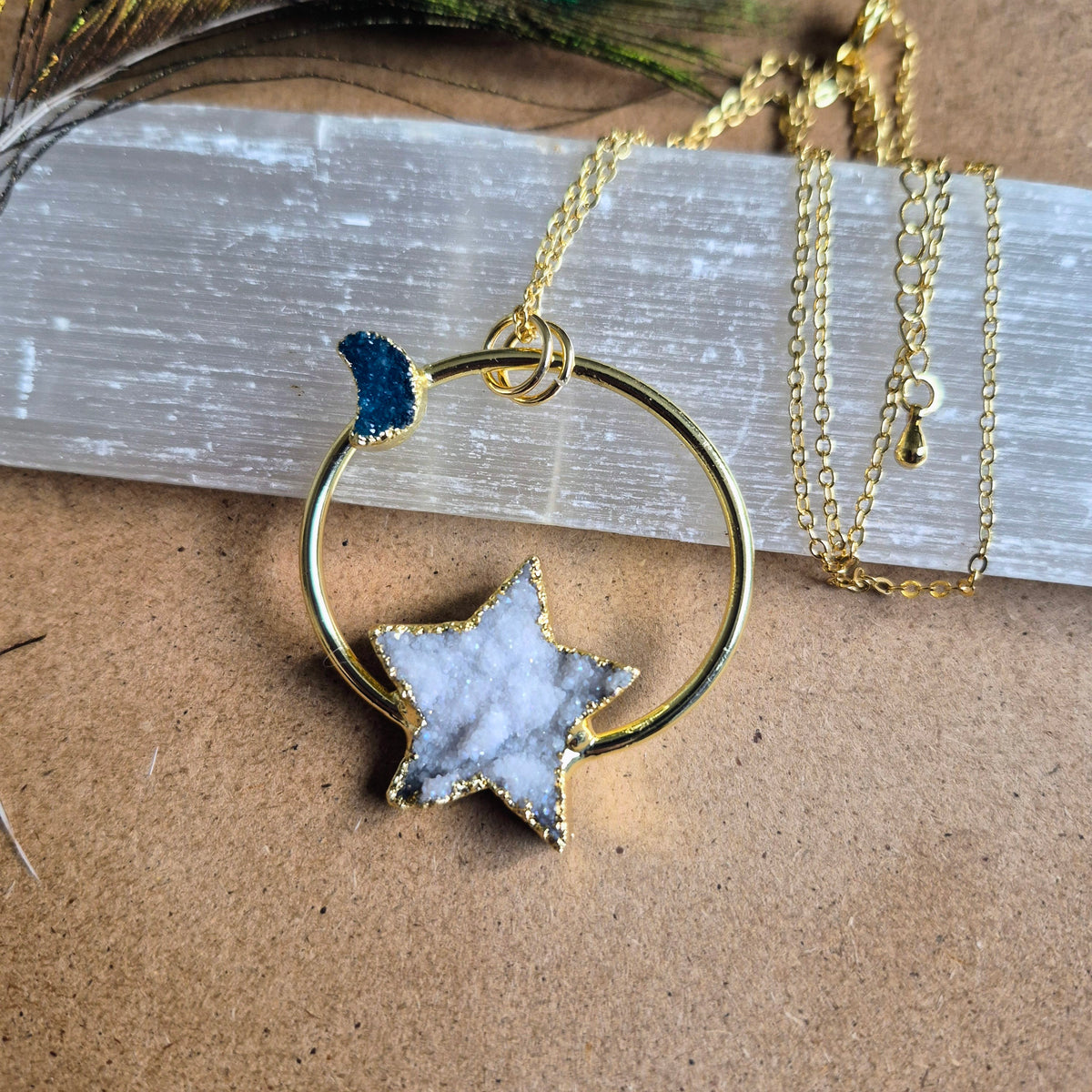 Celestial Druzy Star and Moon Statement Pendant Necklace