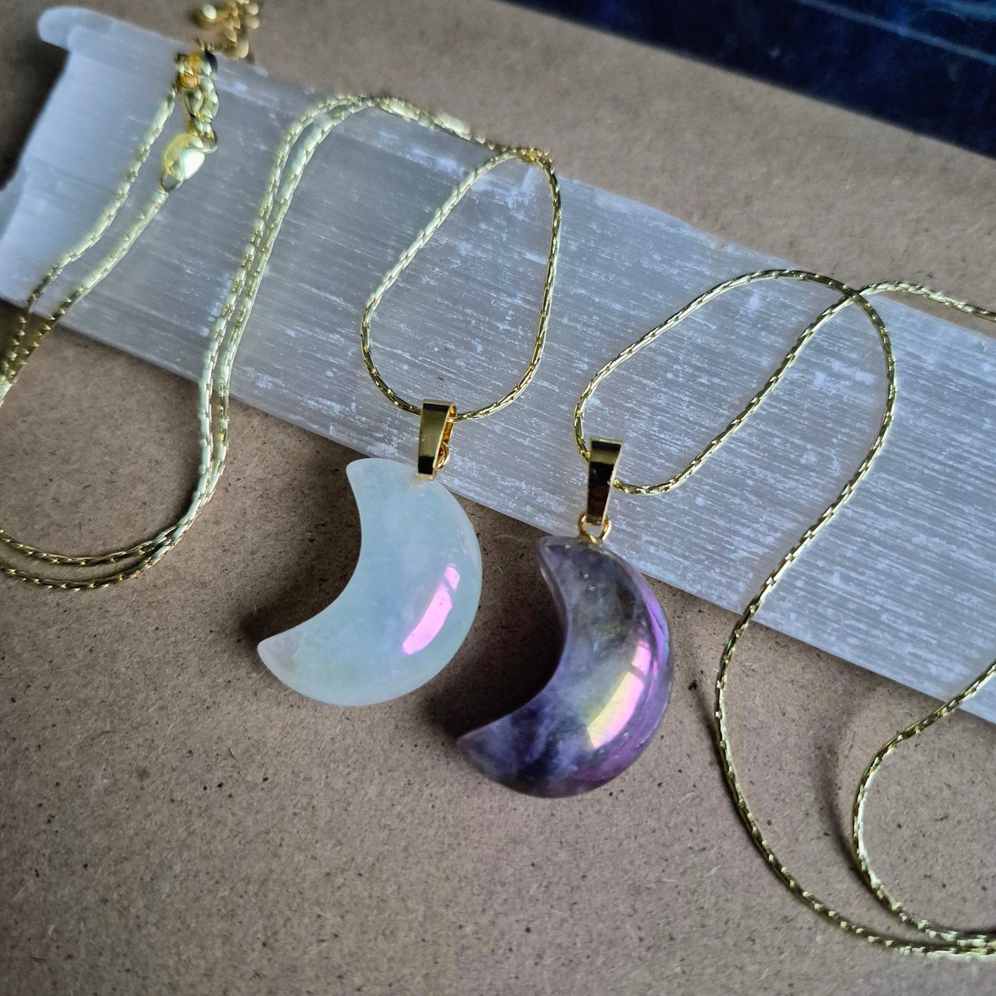 Aura Quartz moon pendant: Celstial Crystal Necklace