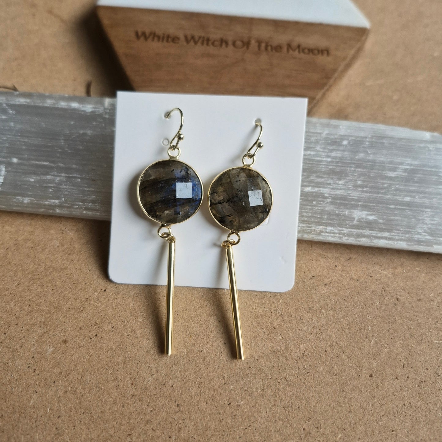 Labradorite Bar Earrings: Dainty Gold Plated Dangle Jewellery