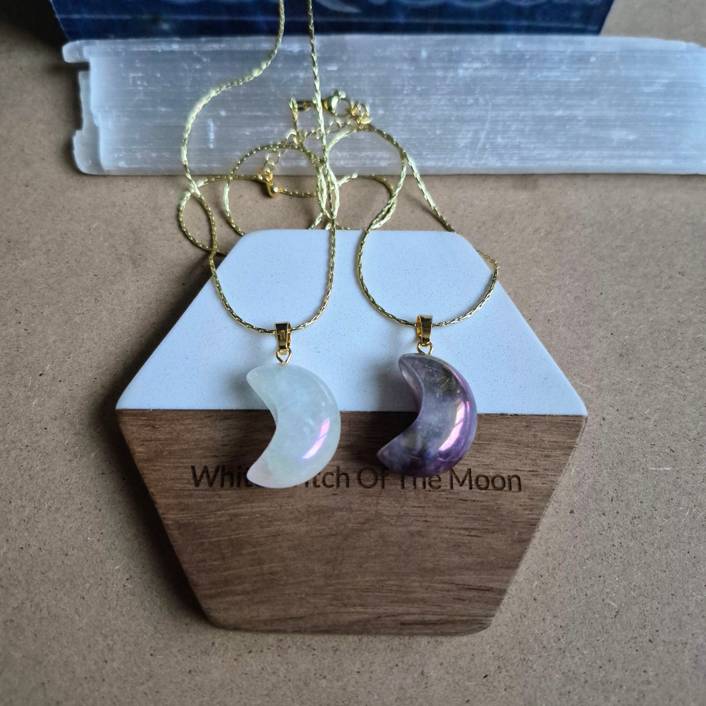 Aura Quartz moon pendant: Celstial Crystal Necklace