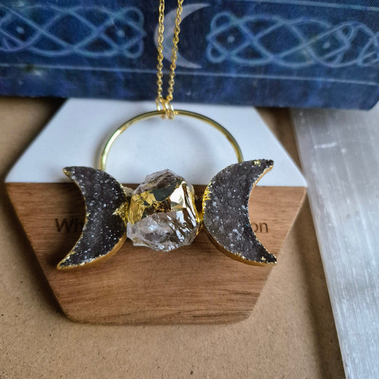 Druzy Agate Triple Moon Pendant: Celestial Statement Necklace