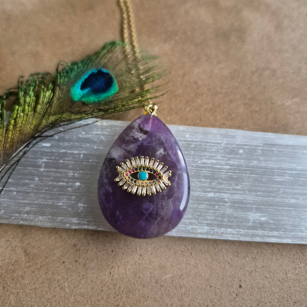 Amethyst Teardrop Evil Eye Pendaht Necklace