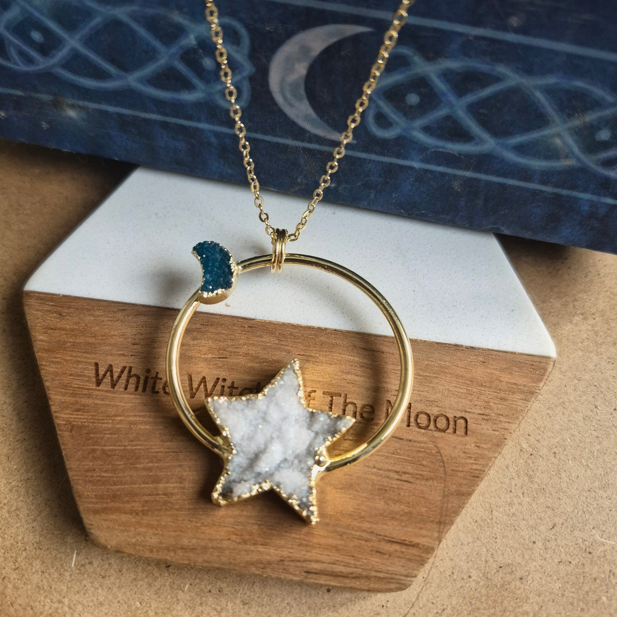 Celestial Druzy Star and Moon Statement Pendant Necklace