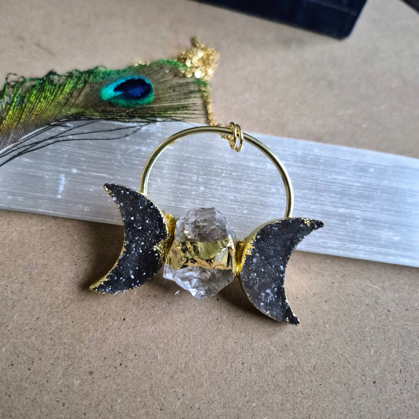 Druzy Agate Triple Moon Pendant: Celestial Statement Necklace