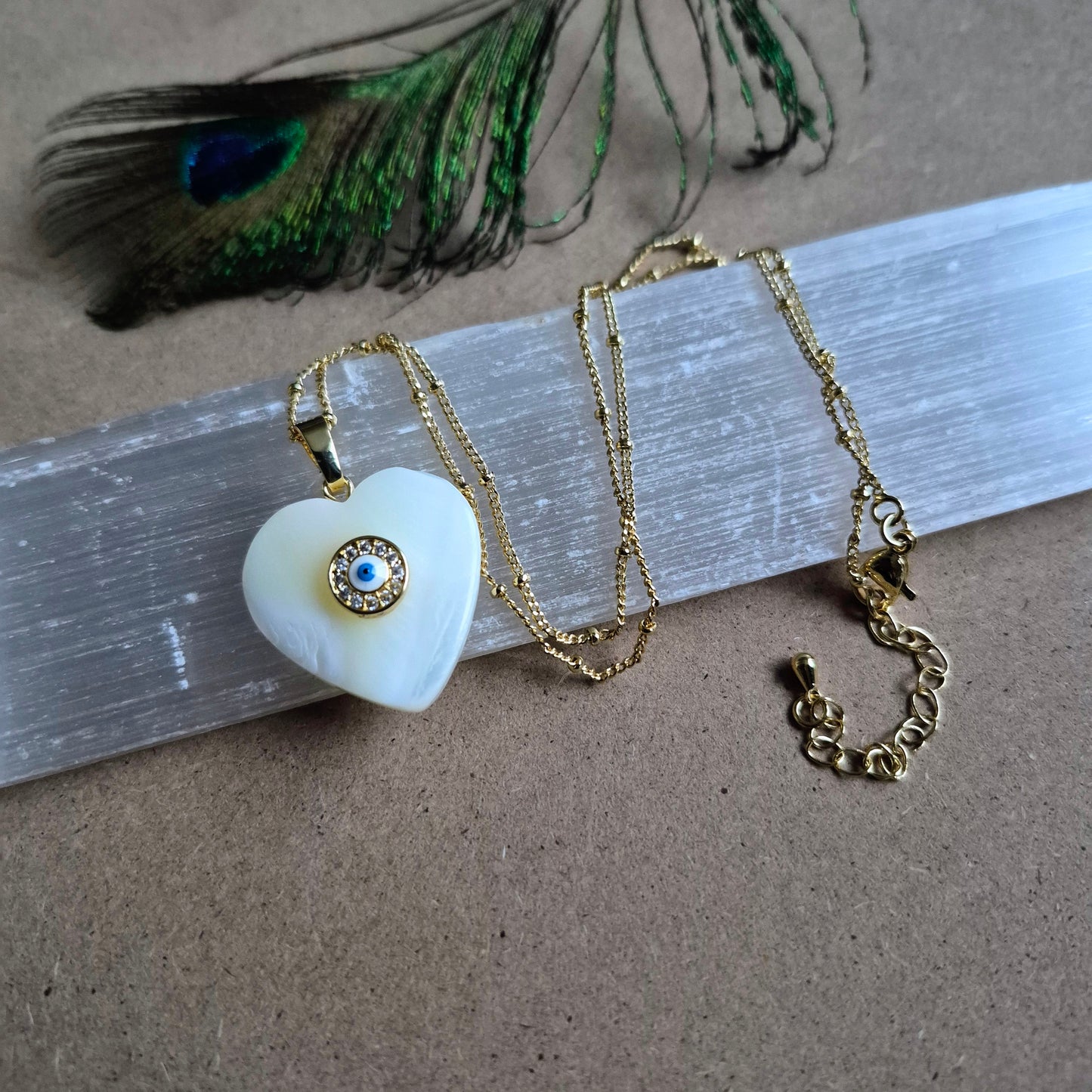 Mother of Pearl Heart Pendant: Evil Eye Protection Necklace