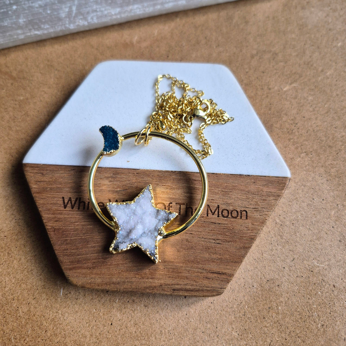 Celestial Druzy Star and Moon Statement Pendant Necklace