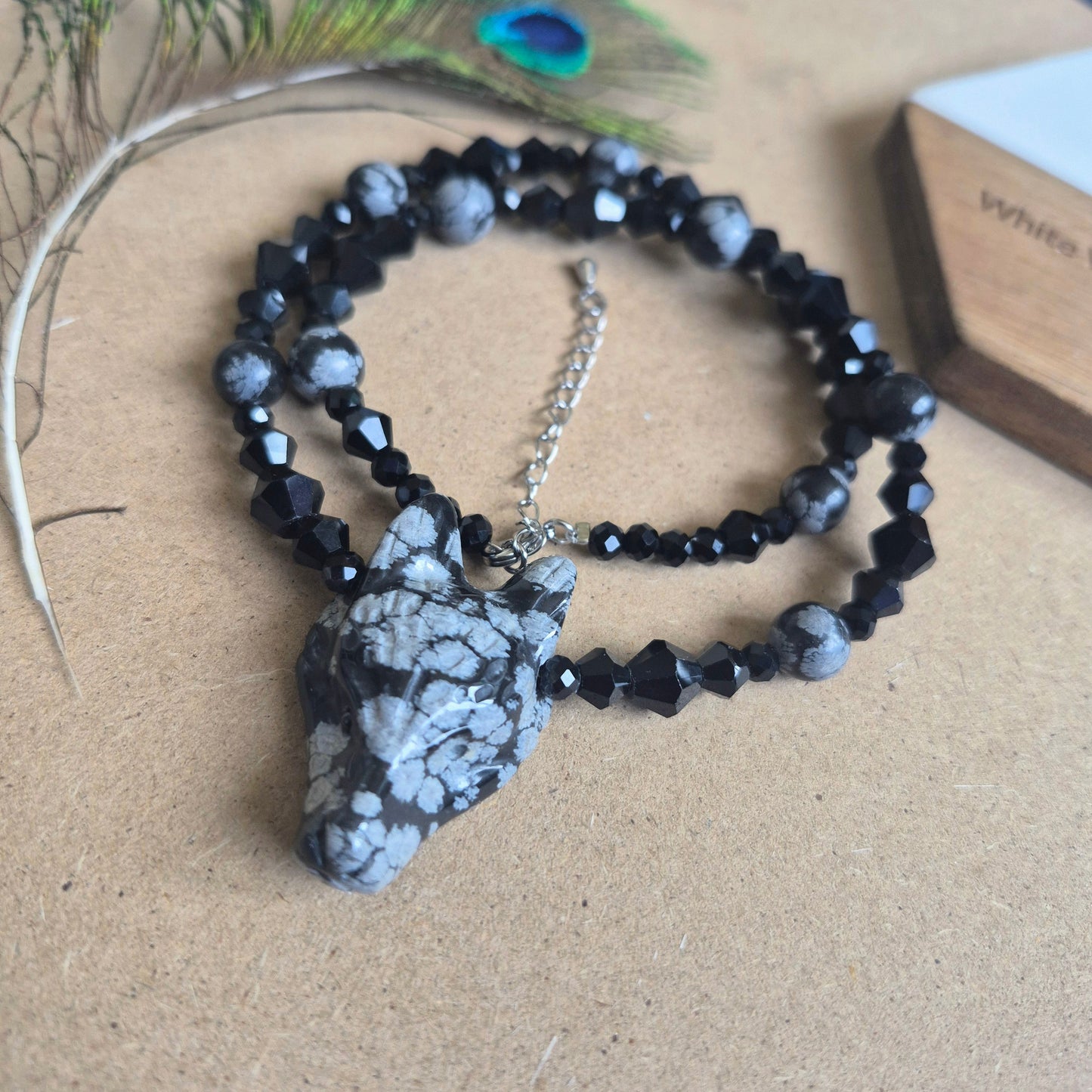 Snowflake Obsidian Wolf Choker Necklace