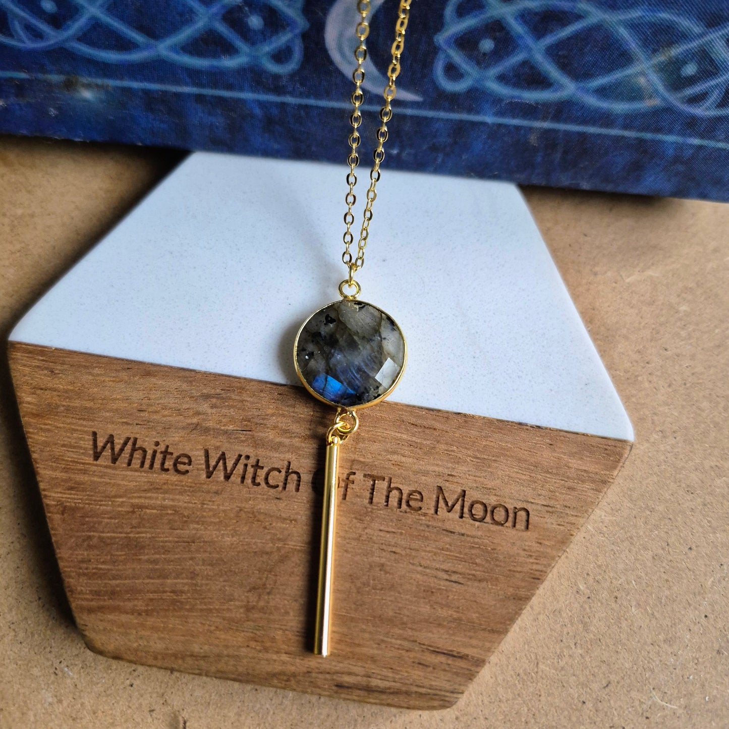 Labradorite Bar Pendant: Dainty Gold Plated Necklace