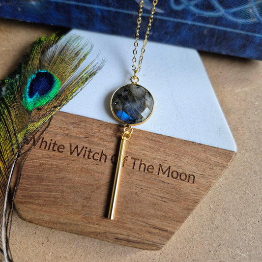 Labradorite Bar Pendant: Dainty Gold Plated Necklace