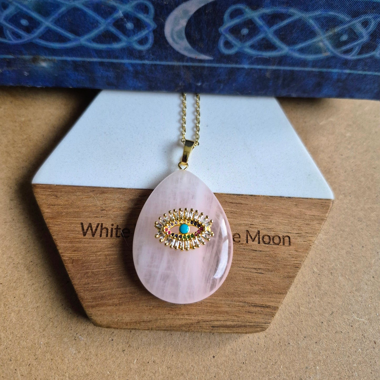 Rose Quartz Evil Eye Teardrop Pendant Necklace