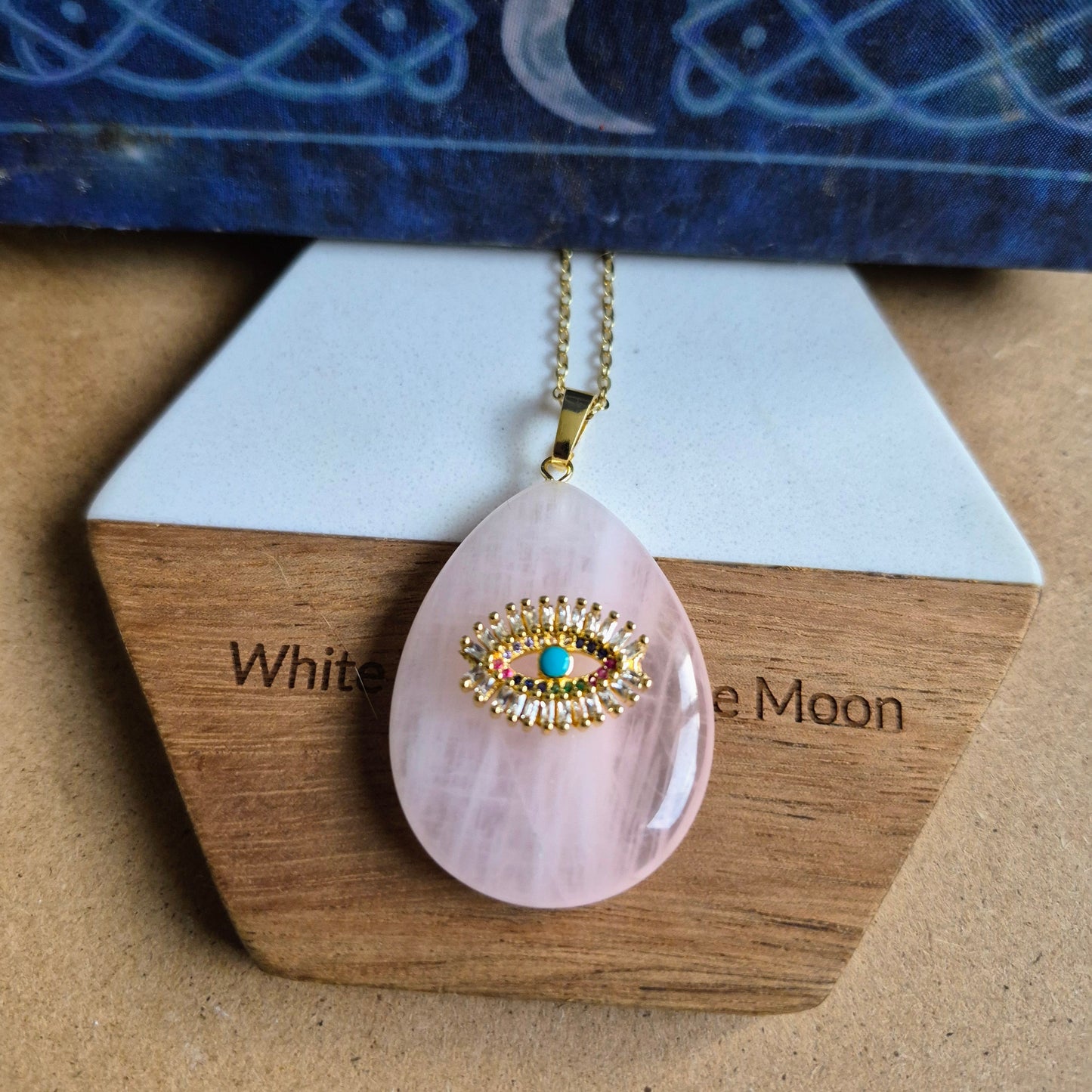 Rose Quartz Evil Eye Teardrop Pendant Necklace