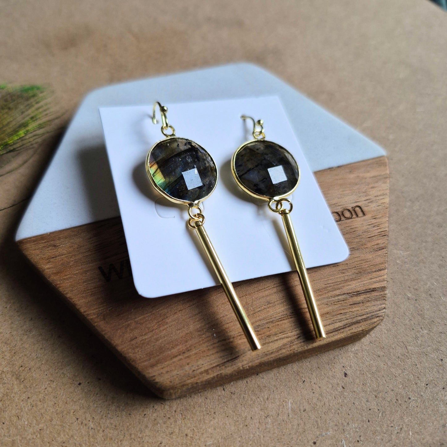 Labradorite Bar Earrings: Dainty Gold Plated Dangle Jewellery