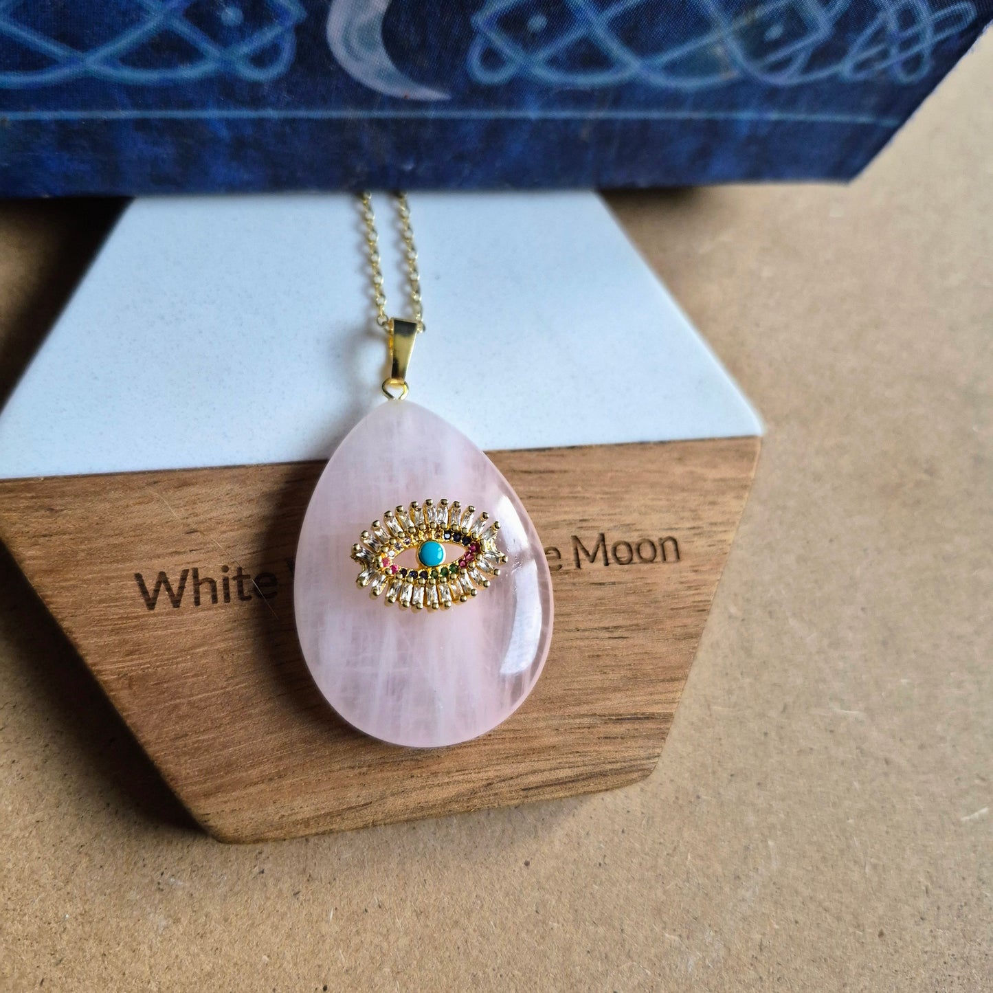 Rose Quartz Evil Eye Teardrop Pendant Necklace