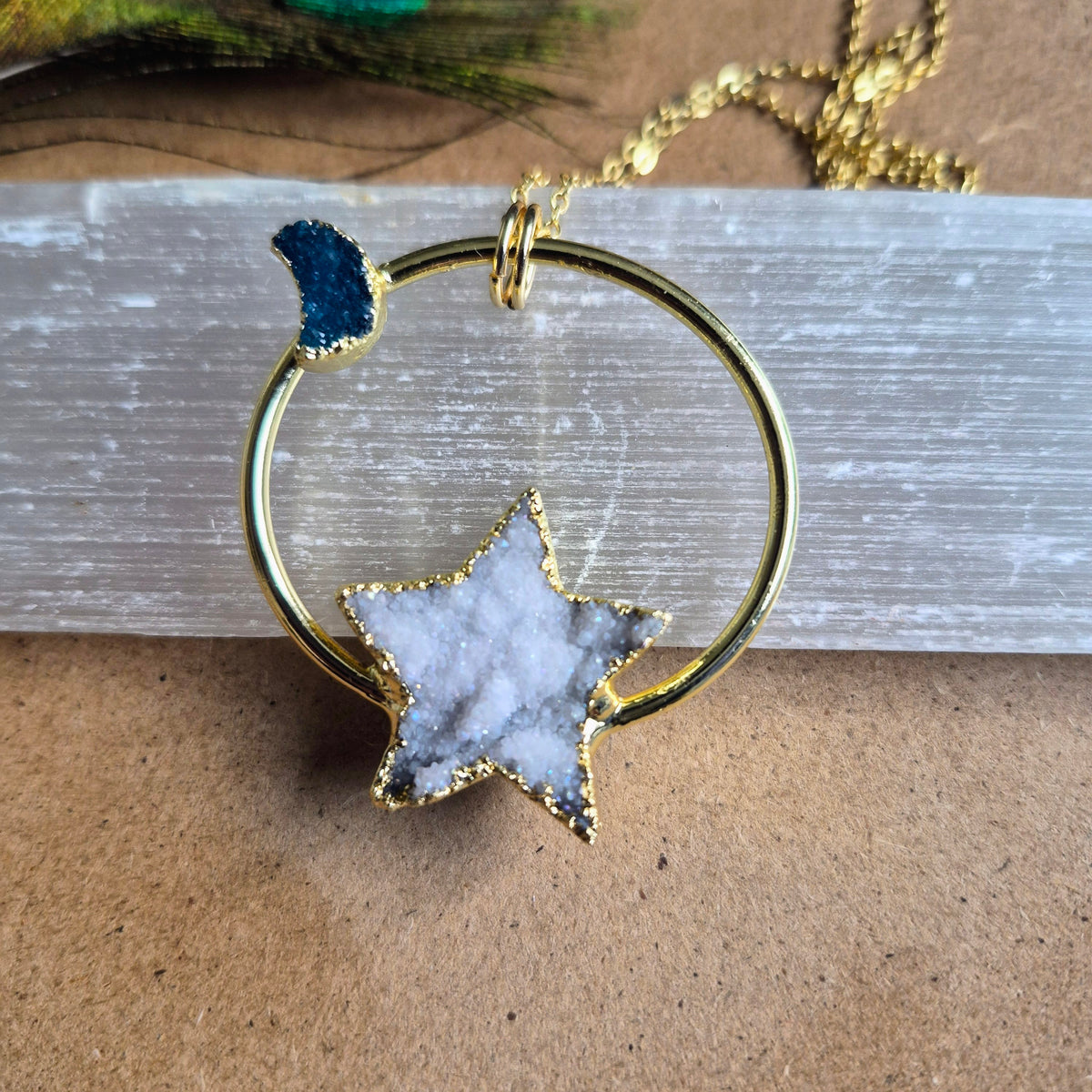 Celestial Druzy Star and Moon Statement Pendant Necklace