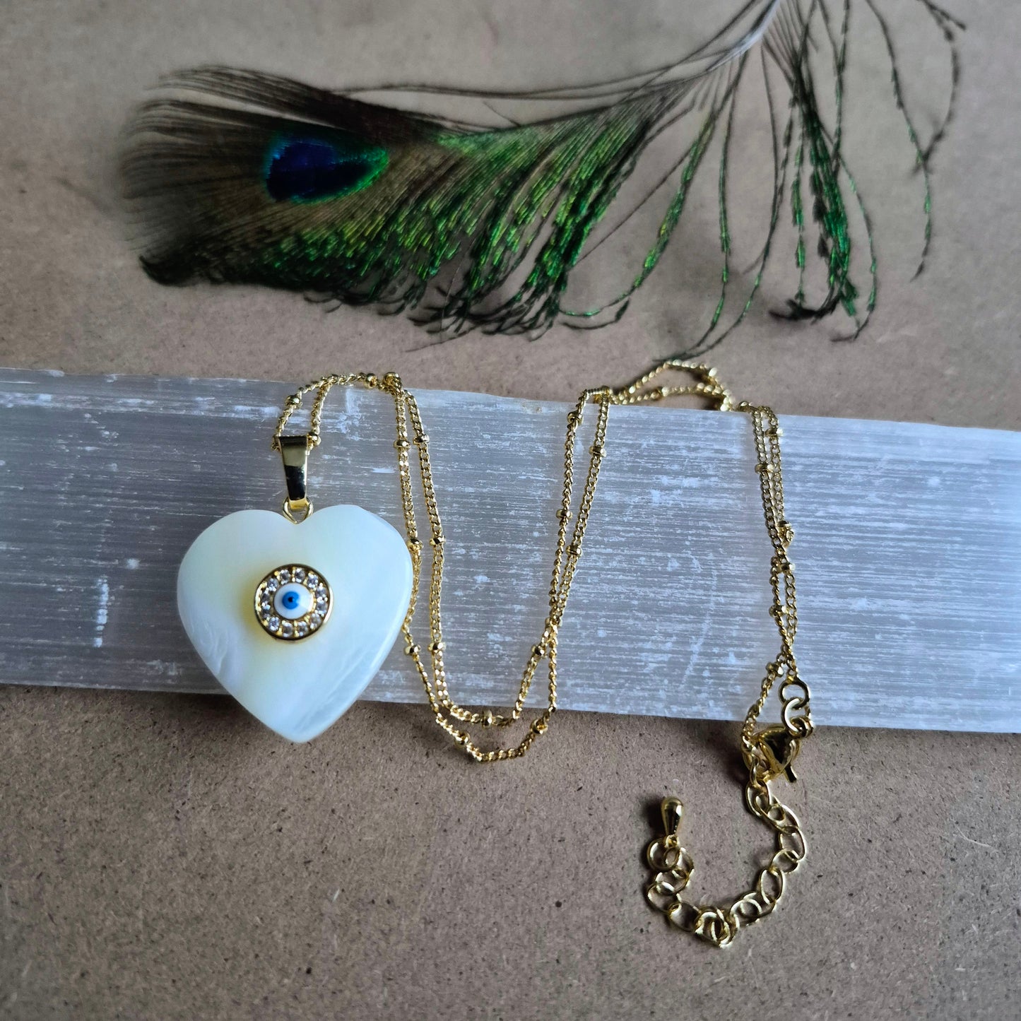 Mother of Pearl Heart Pendant: Evil Eye Protection Necklace