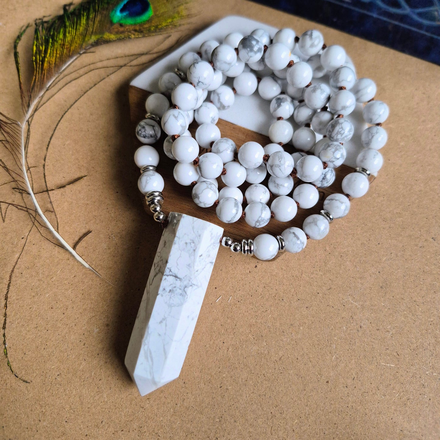 Howlite Knotted Long Necklace with Large Point 32"