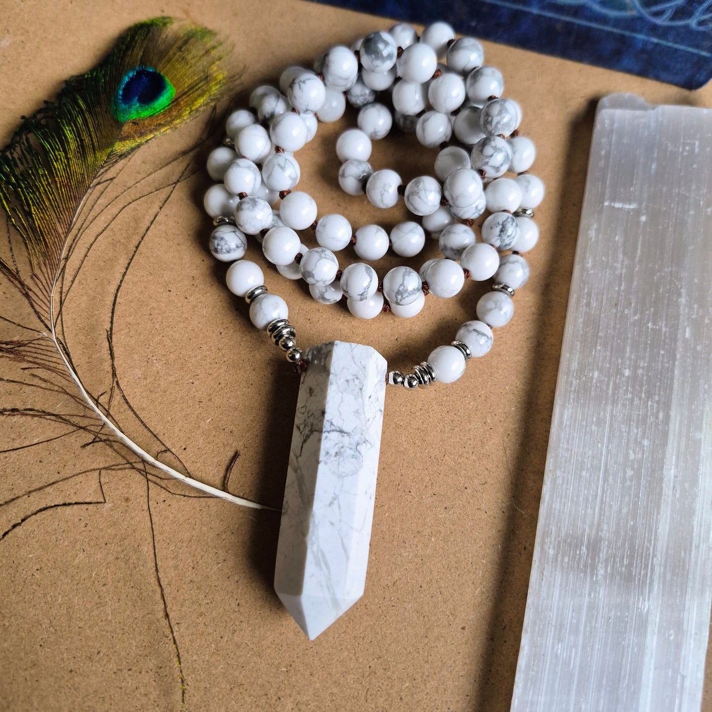Howlite Knotted Long Necklace with Large Point 32"