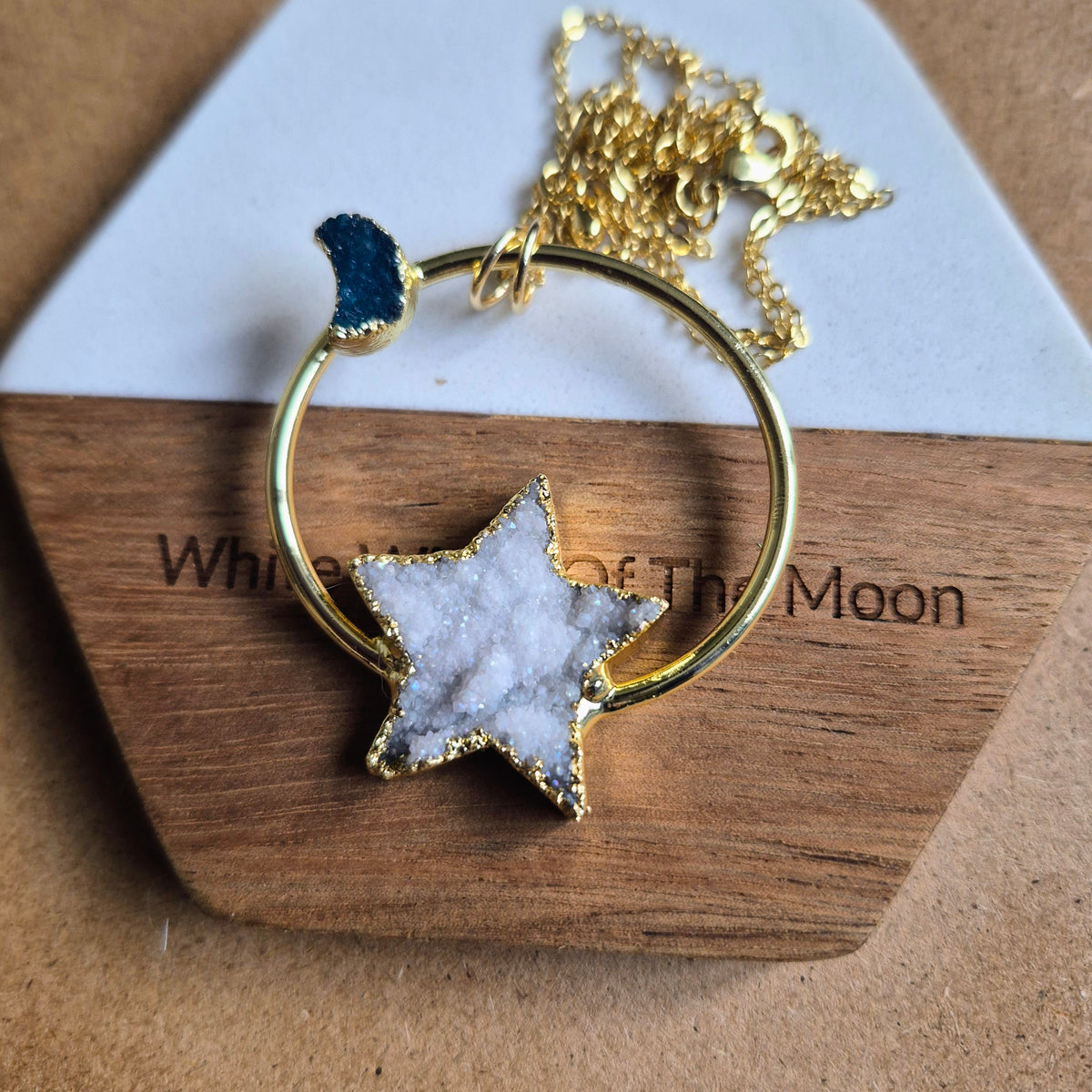 Celestial Druzy Star and Moon Statement Pendant Necklace