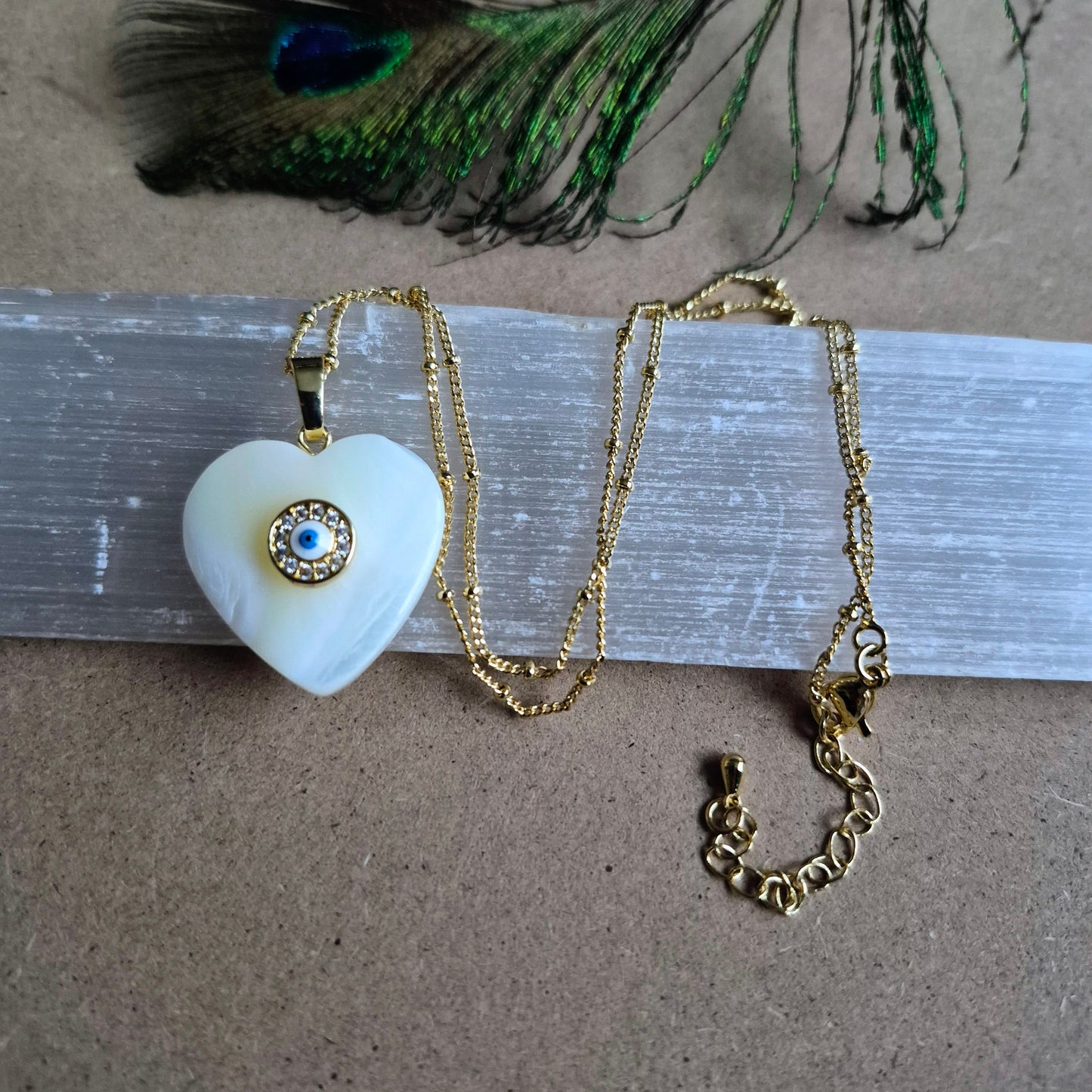 Mother of Pearl Heart Pendant: Evil Eye Protection Necklace