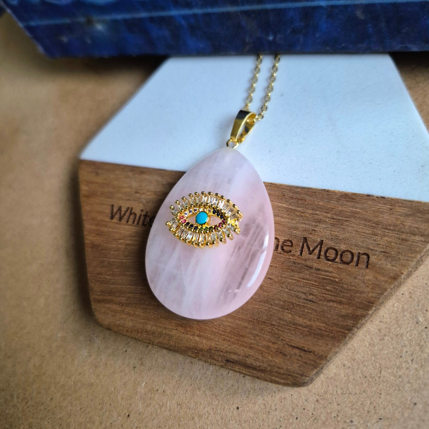 Rose Quartz Evil Eye Teardrop Pendant Necklace