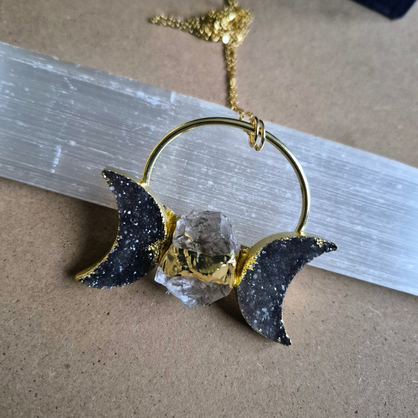 Druzy Agate Triple Moon Pendant: Celestial Statement Necklace