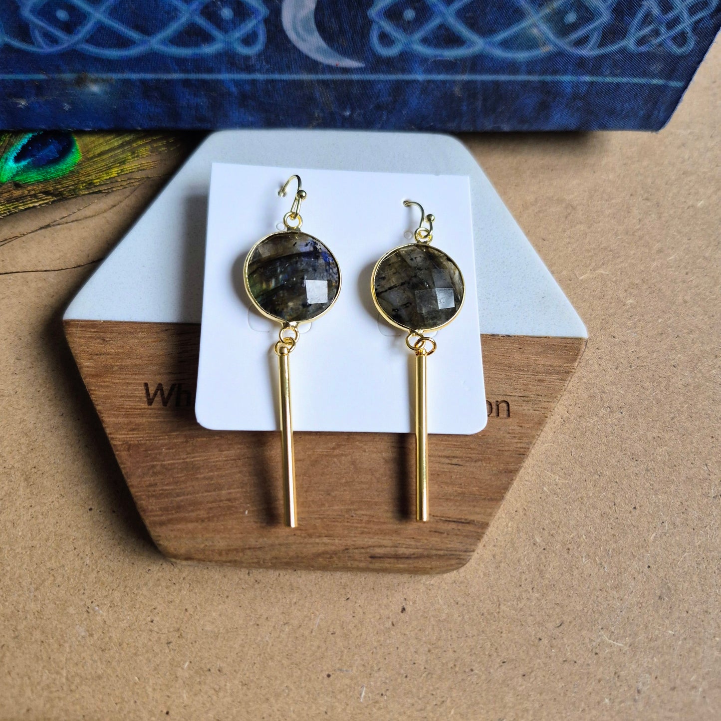 Labradorite Bar Earrings: Dainty Gold Plated Dangle Jewellery