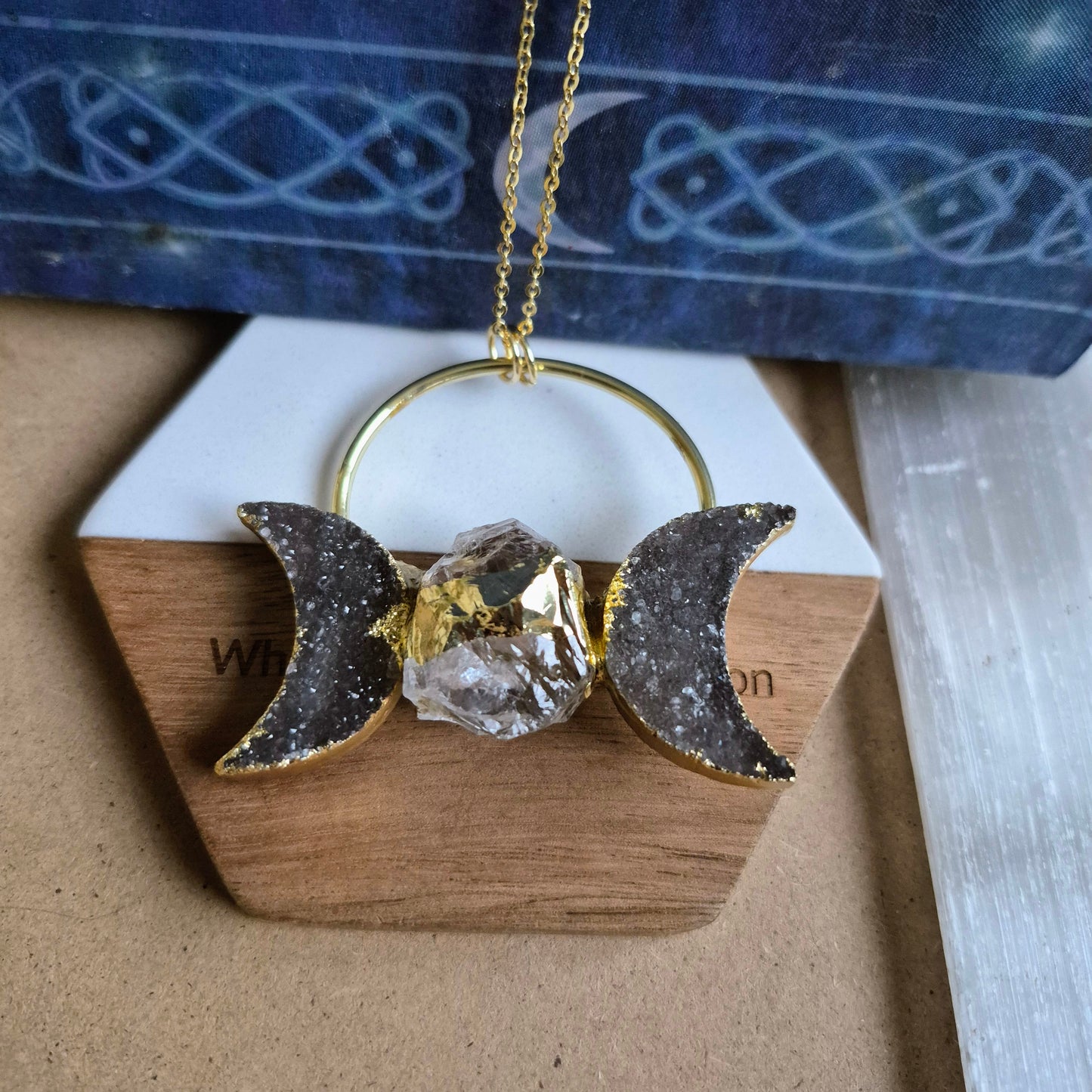 Druzy Agate Triple Moon Pendant: Celestial Statement Necklace