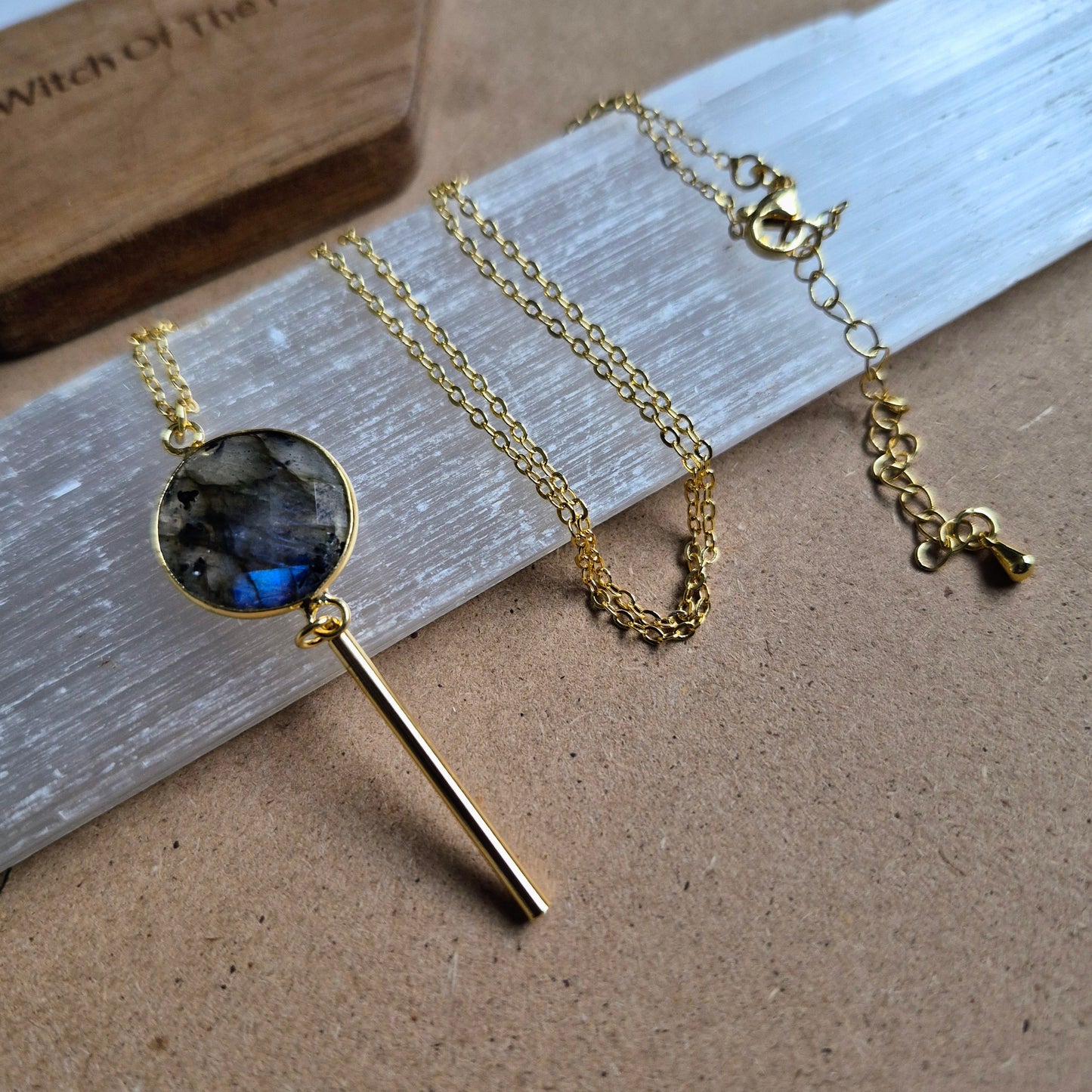 Labradorite Bar Pendant: Dainty Gold Plated Necklace