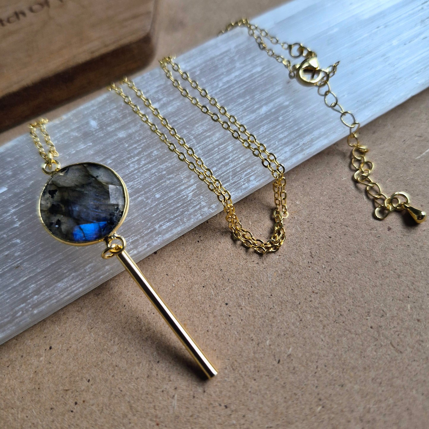 Labradorite Bar Pendant: Dainty Gold Plated Necklace