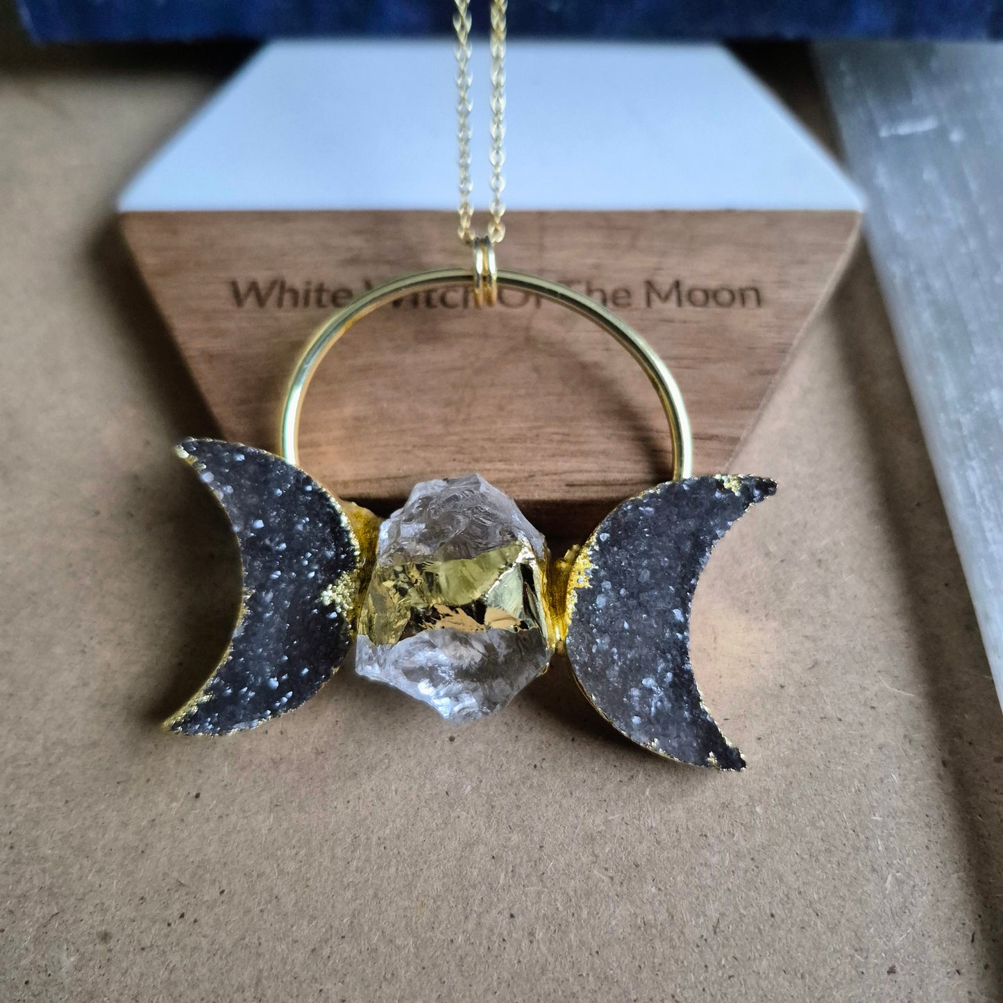 Druzy Agate Triple Moon Pendant: Celestial Statement Necklace