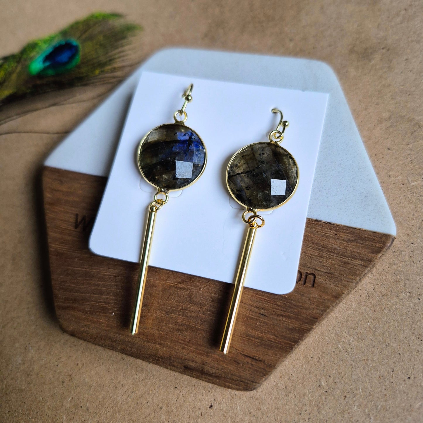 Labradorite Bar Earrings: Dainty Gold Plated Dangle Jewellery