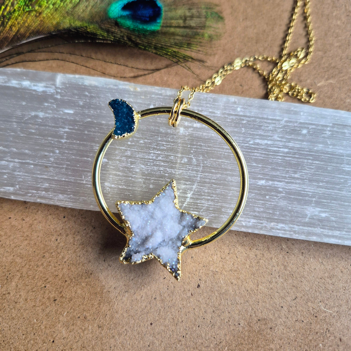 Celestial Druzy Star and Moon Statement Pendant Necklace