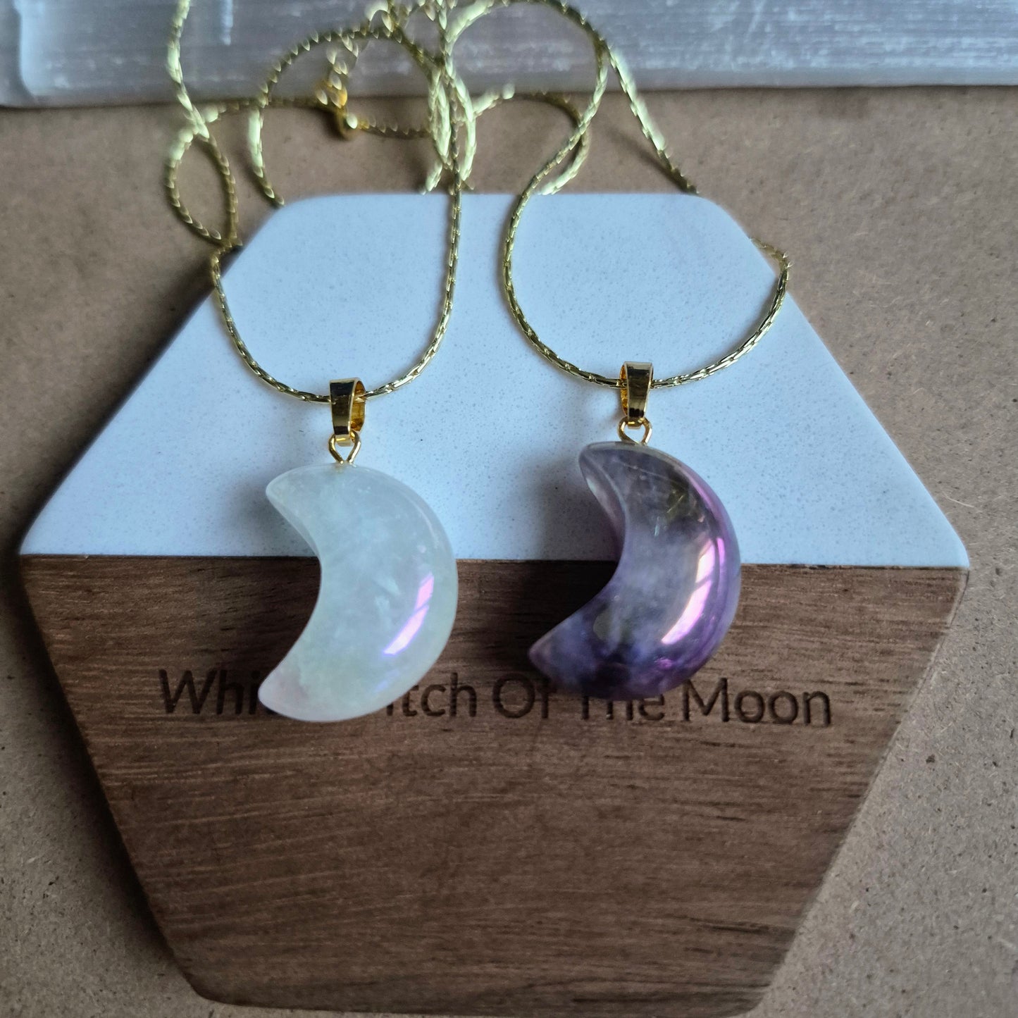 Aura Quartz moon pendant: Celstial Crystal Necklace